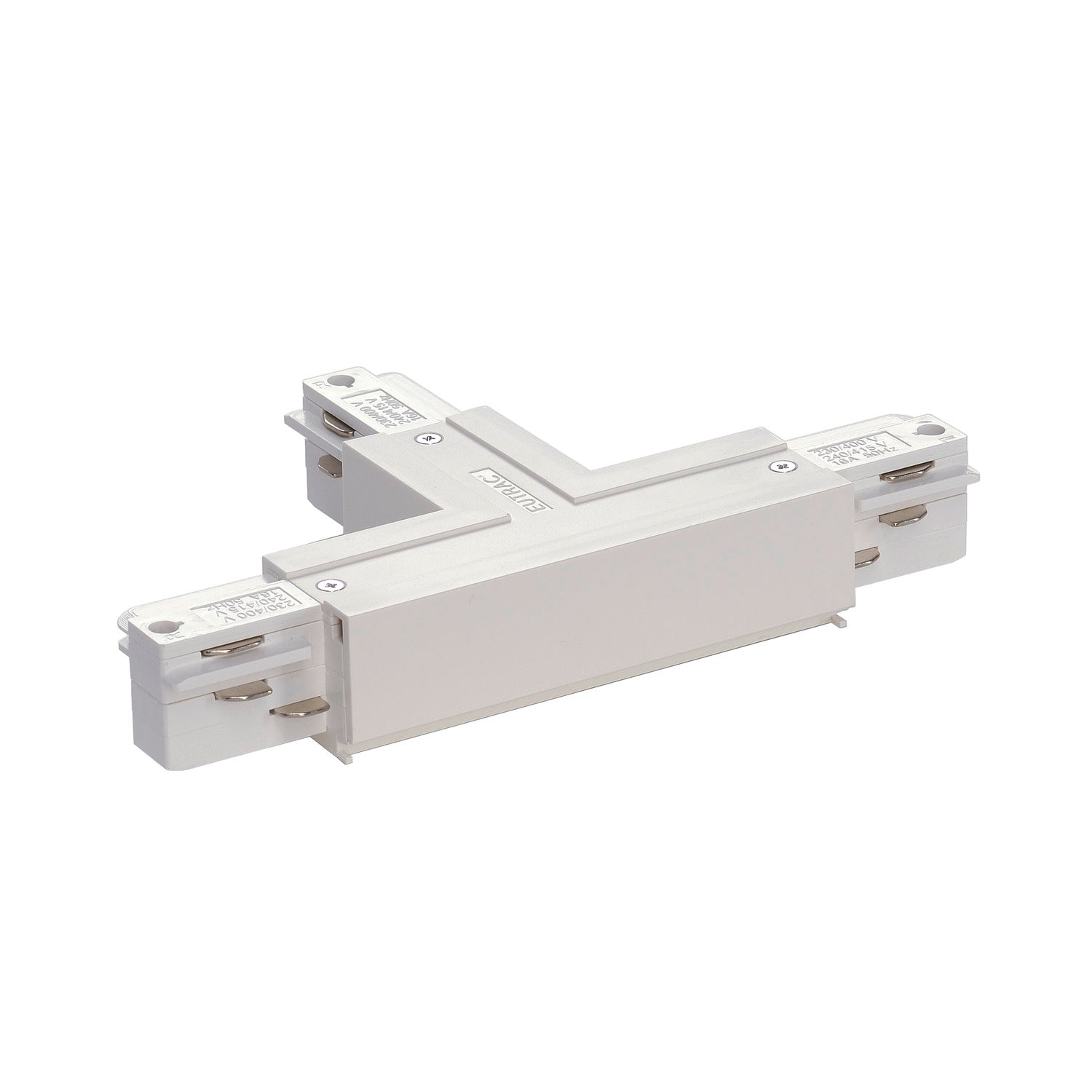 EUTRAC SYSTEM - EUTRAC Conector em T, com capacidade de alimentação, ligação à terra no interior, direita, branco RAL 9016