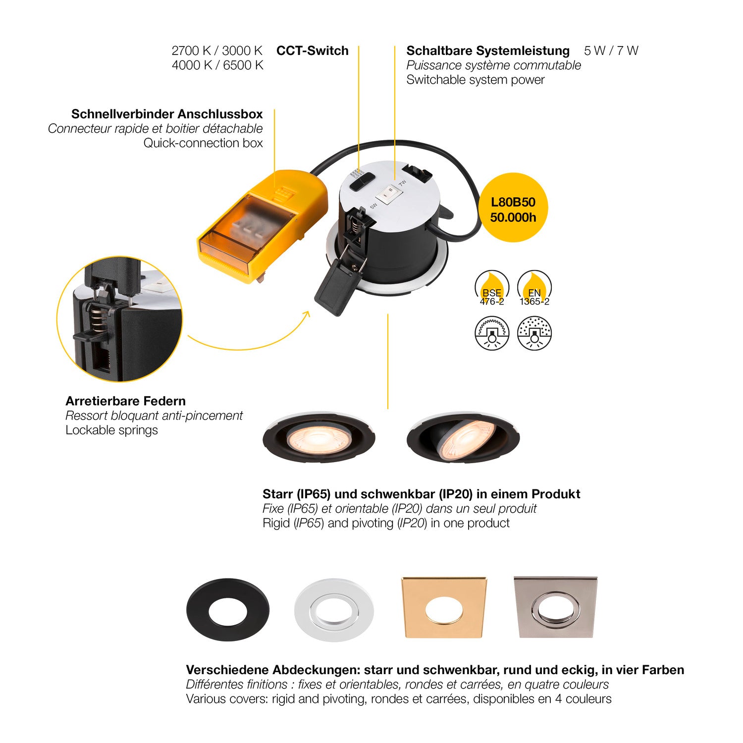 UNIVERSAL DOWNLIGHT PHASE Spot embutido, IP20, 5-7 W, fixa/orientável, 2700/3000/4000/6500 K, 38°