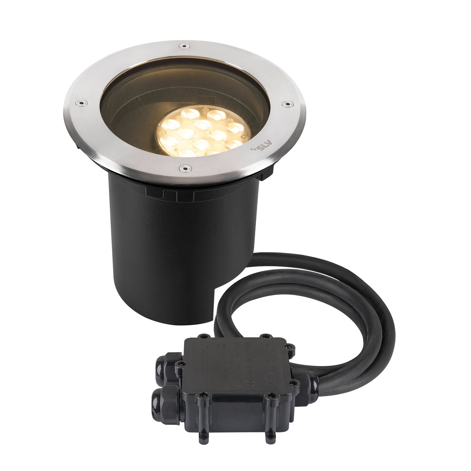 DASAR® L, luminária enterrada, assimétrica, 3000K, 70°/40°, IP65/IP67, redonda, aço inoxidável / preto