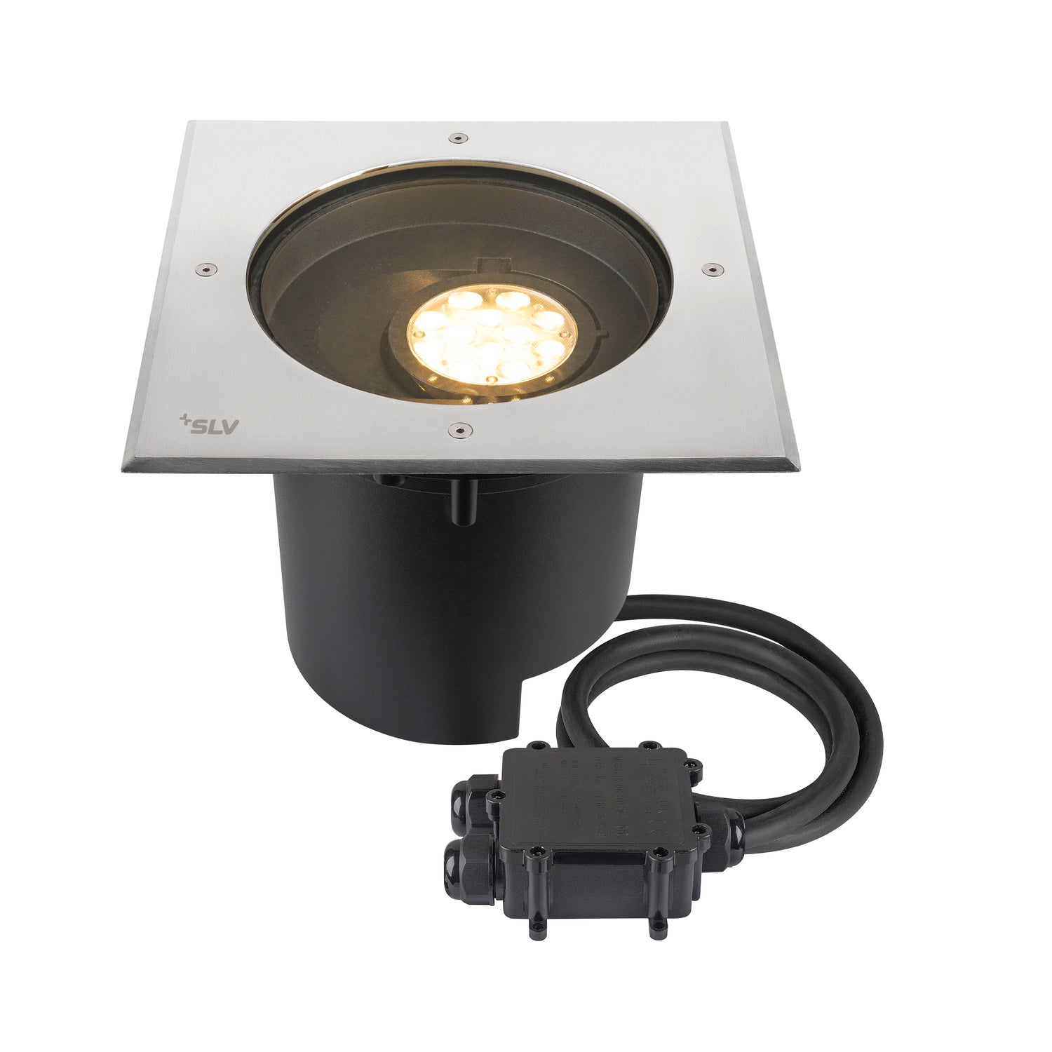 DASAR® XL, luminária de embutir no solo, assimétrica, 3000K, 70°/40°, IP65/IP67, quadrada, aço inoxidável / preto