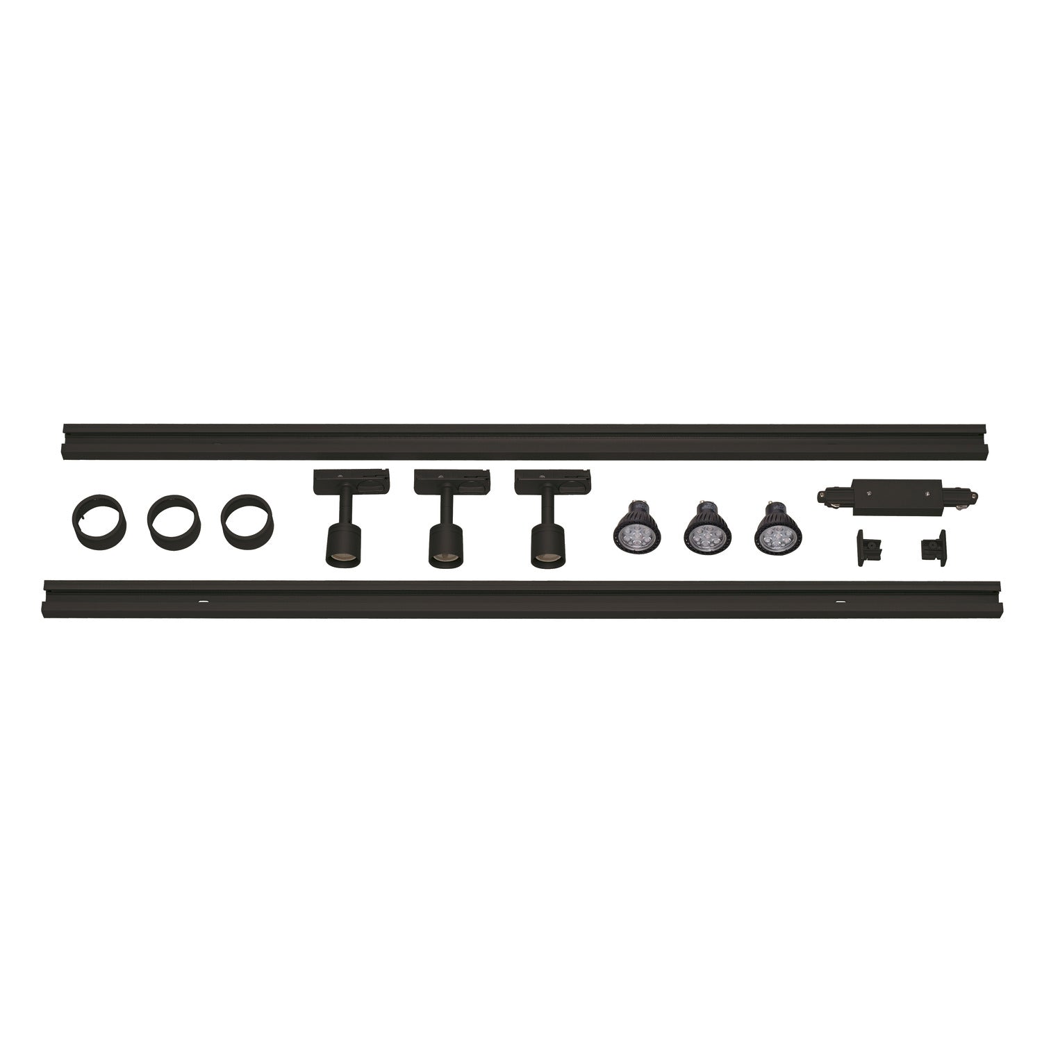 KIT DE ALTA VOLTAGEM DE 1 FASE, três lâmpadas, LED GU10 51 mm, preto, incl. 2 calhas elétricas de alta voltagem de 1 m, 3 cabeças de iluminação PURI, peça de união longitudinal, 2 tampões de extremidade, 3 anéis de decoração, 3 lâmpadas LED GU10