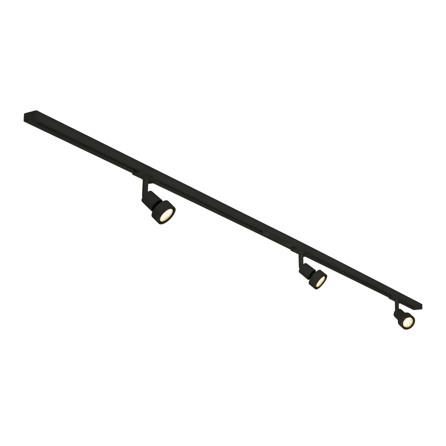 KIT DE ALTA VOLTAGEM DE 1 FASE, três lâmpadas, LED GU10 51 mm, preto, incl. 2 calhas elétricas de alta voltagem de 1 m, 3 cabeças de iluminação PURI, peça de união longitudinal, 2 tampões de extremidade, 3 anéis de decoração, 3 lâmpadas LED GU10