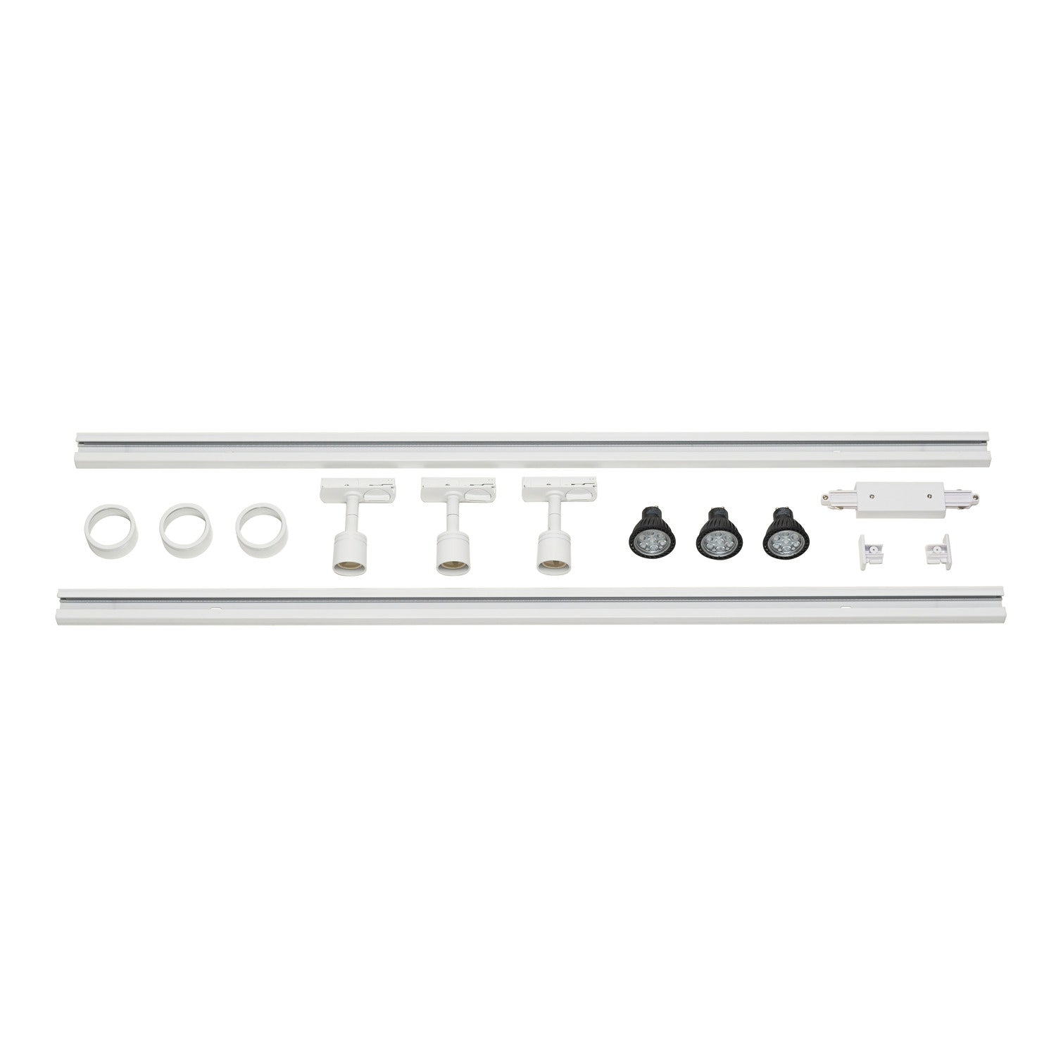 CONJUNTO DE ALTA VOLTAGEM DE 1 FASE, três lâmpadas, LED, branco, incl. 2x calhas elétricas de alta voltagem de 1 m, 3 cabeças de iluminação PURI, peça de união longitudinal, 2 tampões de extremidade, 3 anéis de decoração, 3 lâmpadas LED GU10