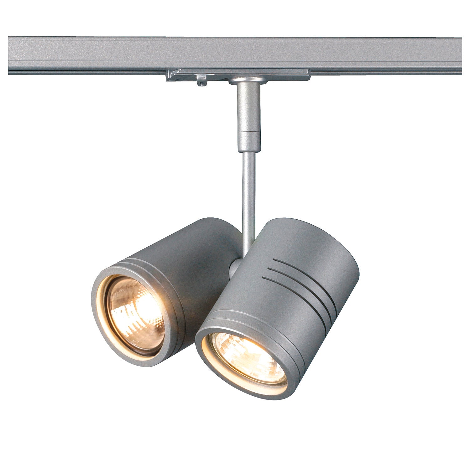 BIMA 2, foco para calhas elétricas de alta voltagem de 3 fases, duas lâmpadas, QPAR51, cinzento prateado, máx. 50 W, incl. adaptador de 1 fase