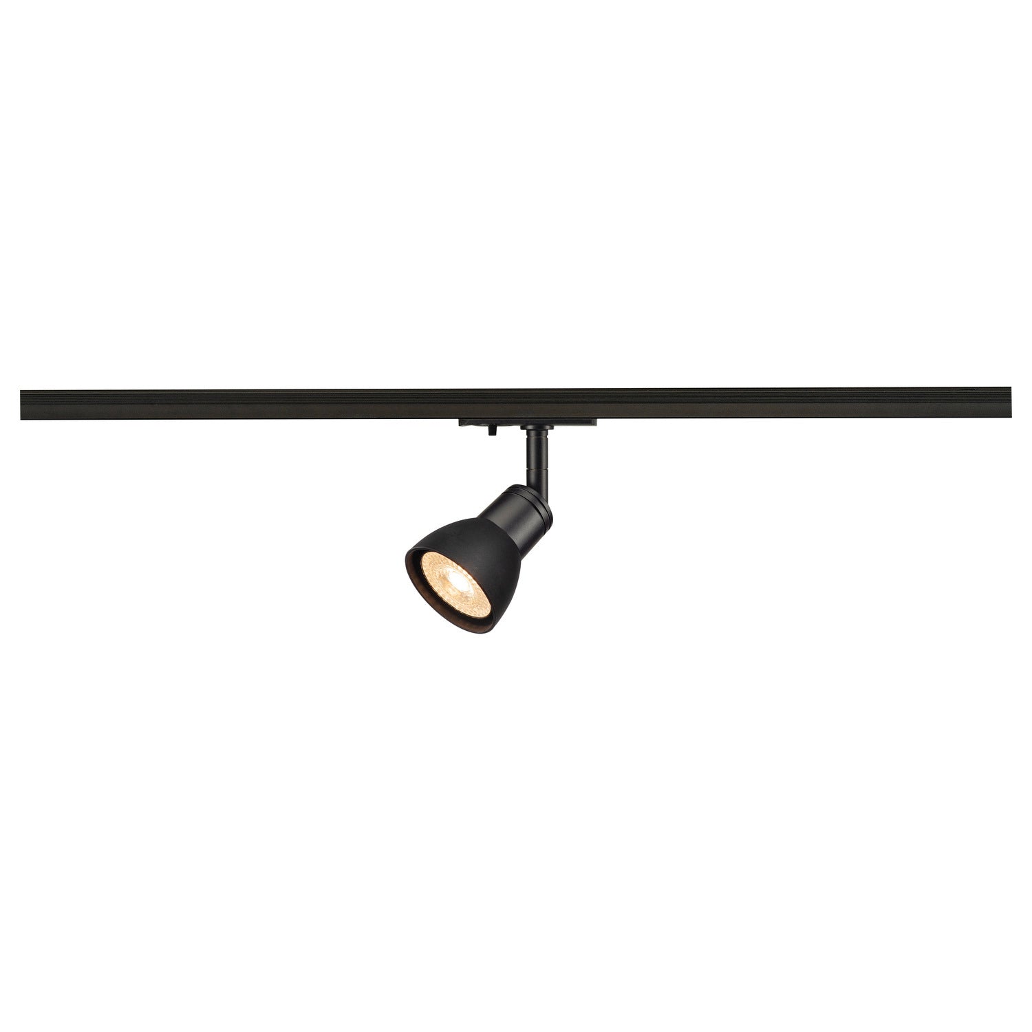 PURIA, foco para calha eletrificada de alta tensão dum circuito monofásico, QPAR51, preto mate, plástico preto acetinado, máx. 10 W, incl. adaptador monofásico