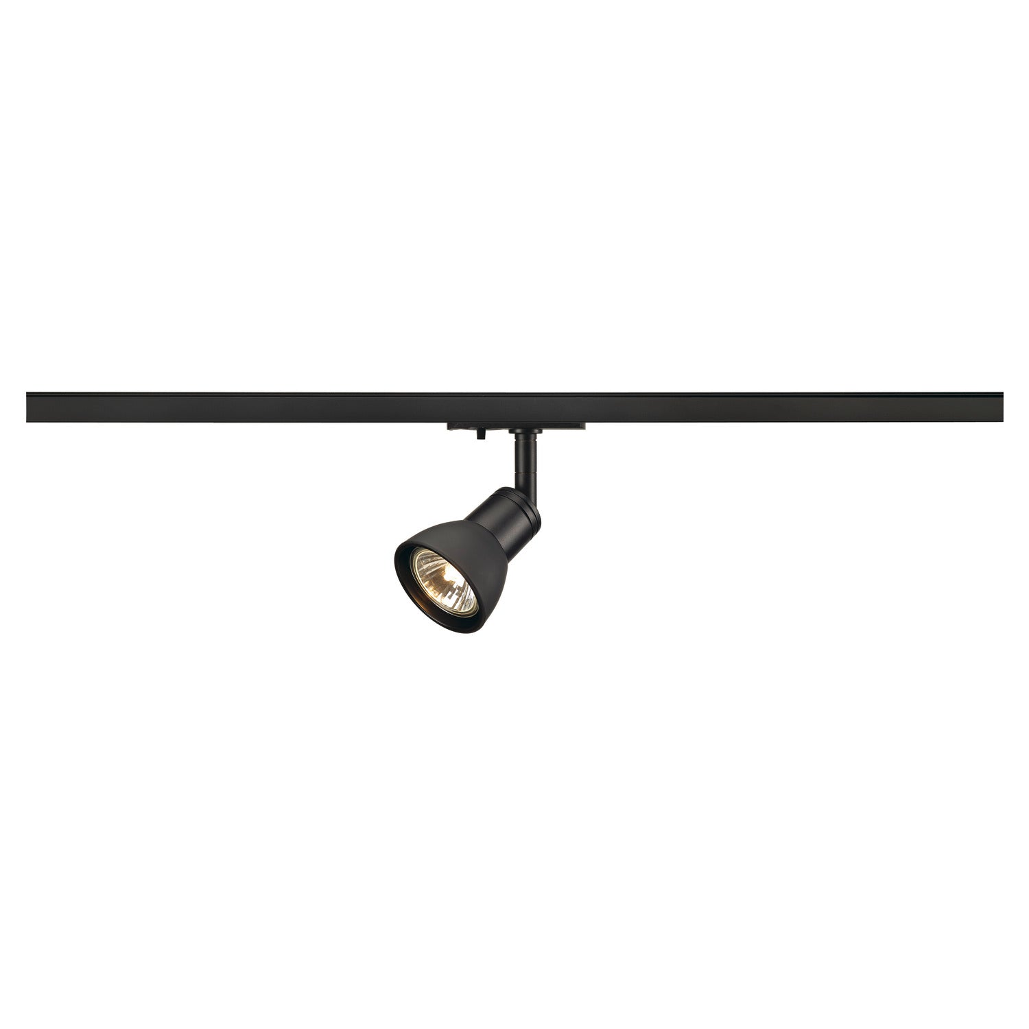PURIA, foco para calha eletrificada de alta tensão dum circuito monofásico, QPAR51, preto mate, plástico preto acetinado, máx. 10 W, incl. adaptador monofásico