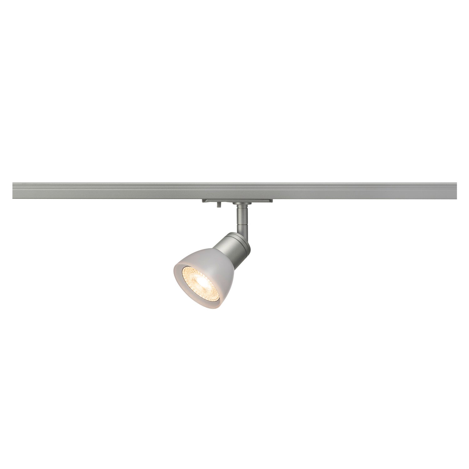 PURIA, foco para calha eletrificada de alta tensão dum circuito monofásico, QPAR51, cinzento prateado, plástico acetinado, máx. 10 W, incl. adaptador monofásico