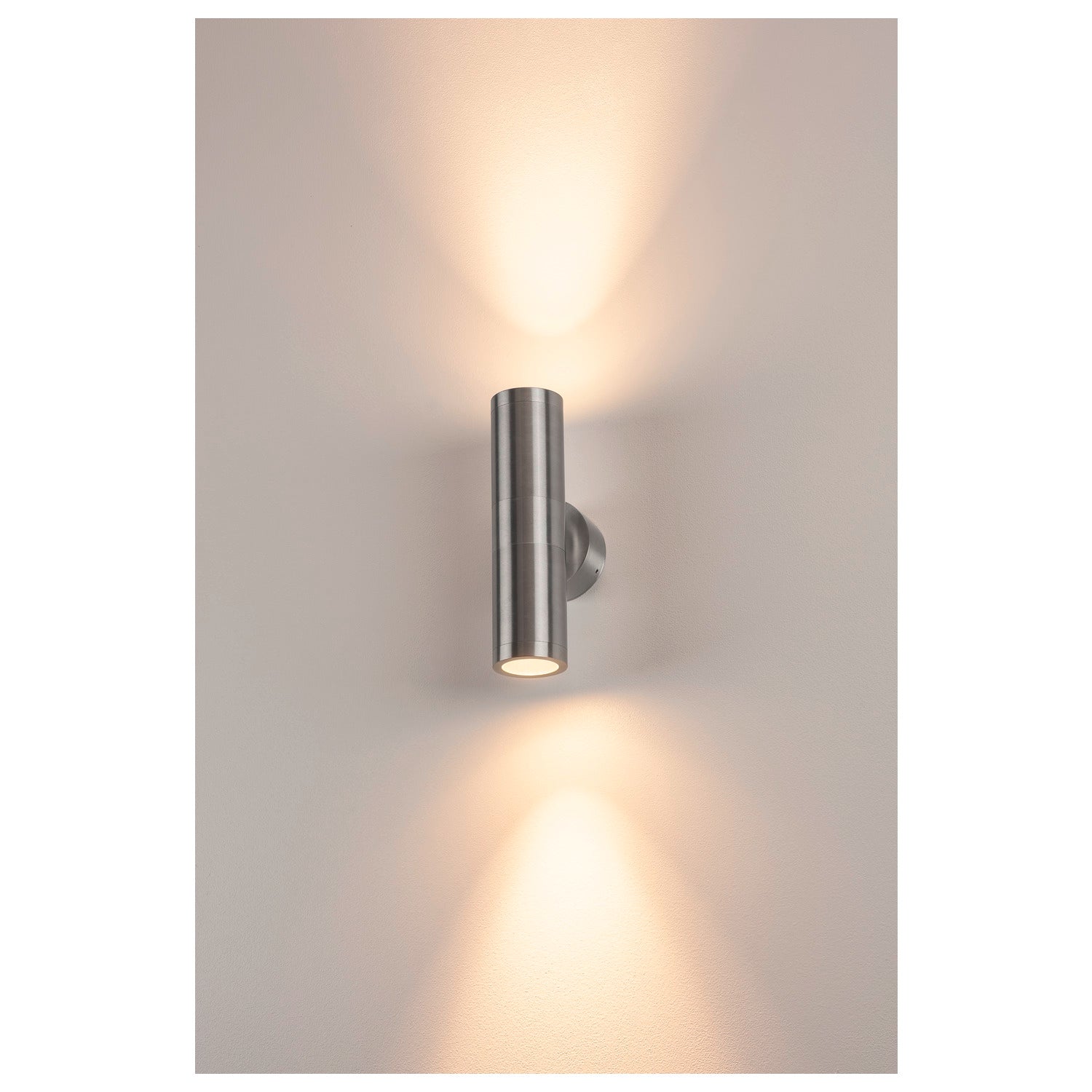 ASTINA, luminária de parede para exteriores, TCR50-SE, IP44, redonda, up/down, alumínio escovado, máx. 44 W