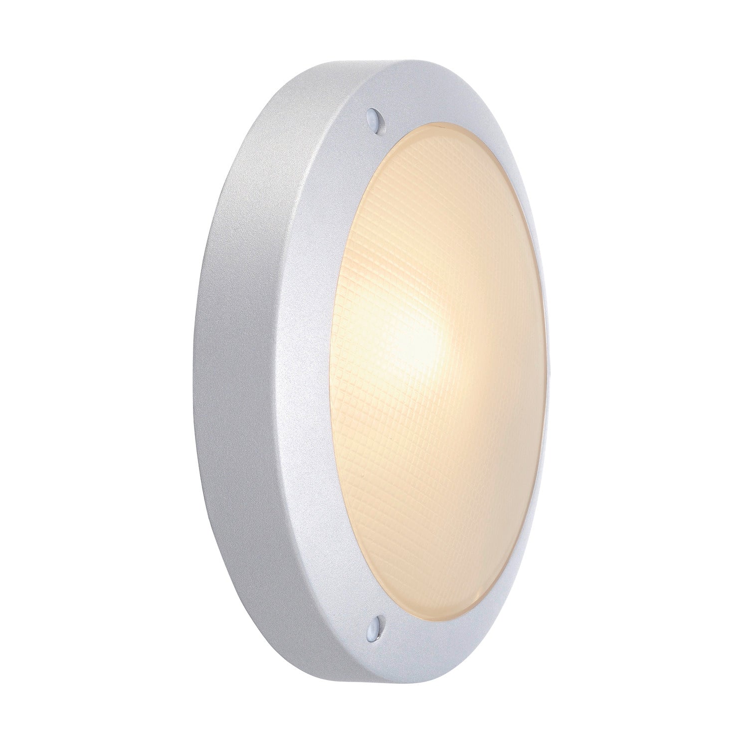BULAN, luminária de parede e de teto para exteriores, C35, IP44, redonda, cinzento prateado, vidro acetinado, máx. 60 W