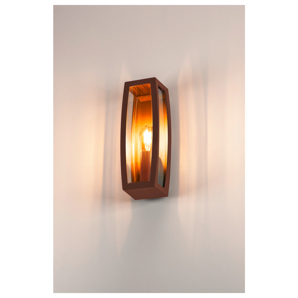 MERIDIAN BOX 2, luminária de parede para exteriores, TC-(D,H,T,Q)SE, ferrugem, máx. 25 W, plástico claro