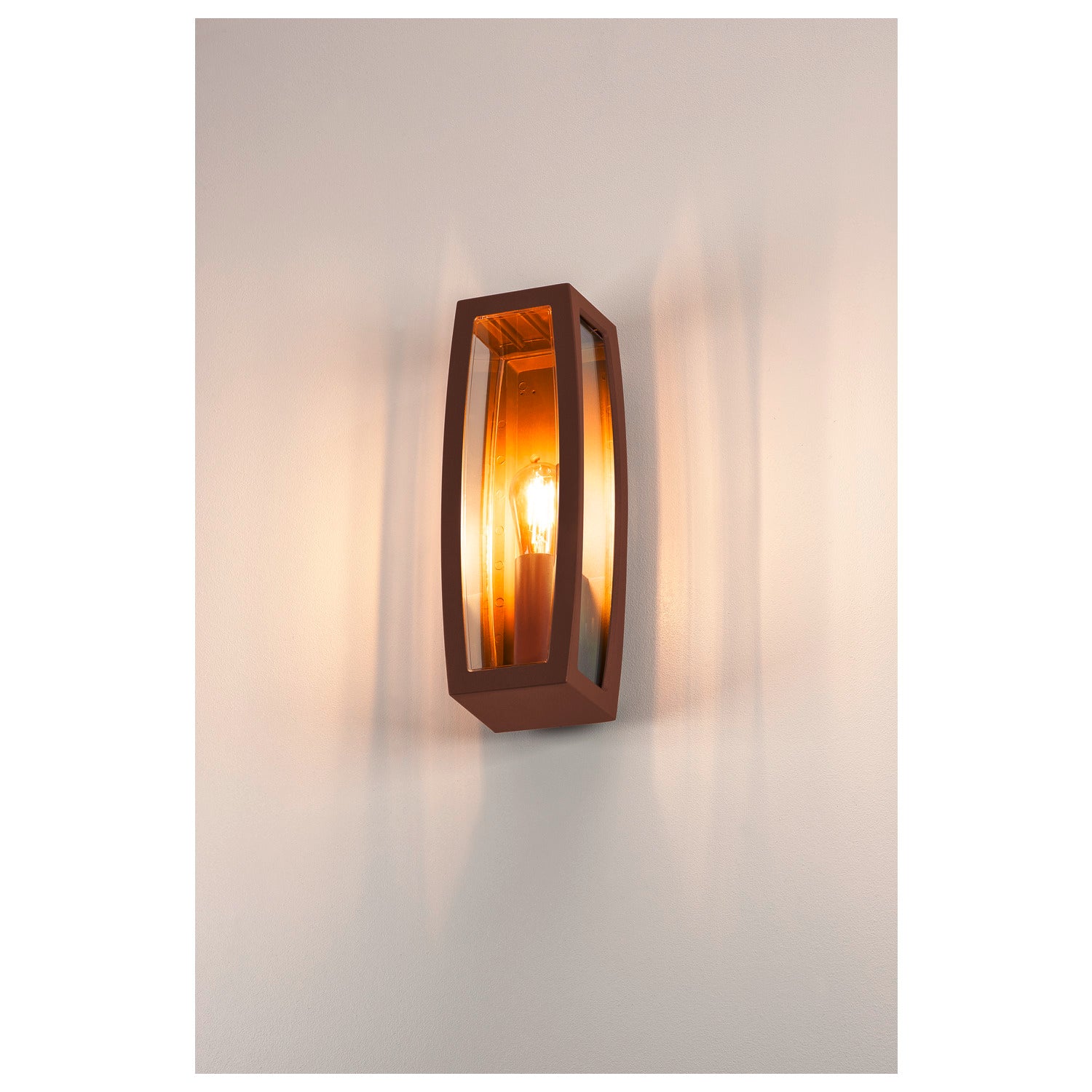 MERIDIAN BOX 2, luminária de parede para exteriores, TC-(D,H,T,Q)SE, ferrugem, máx. 25 W, plástico claro