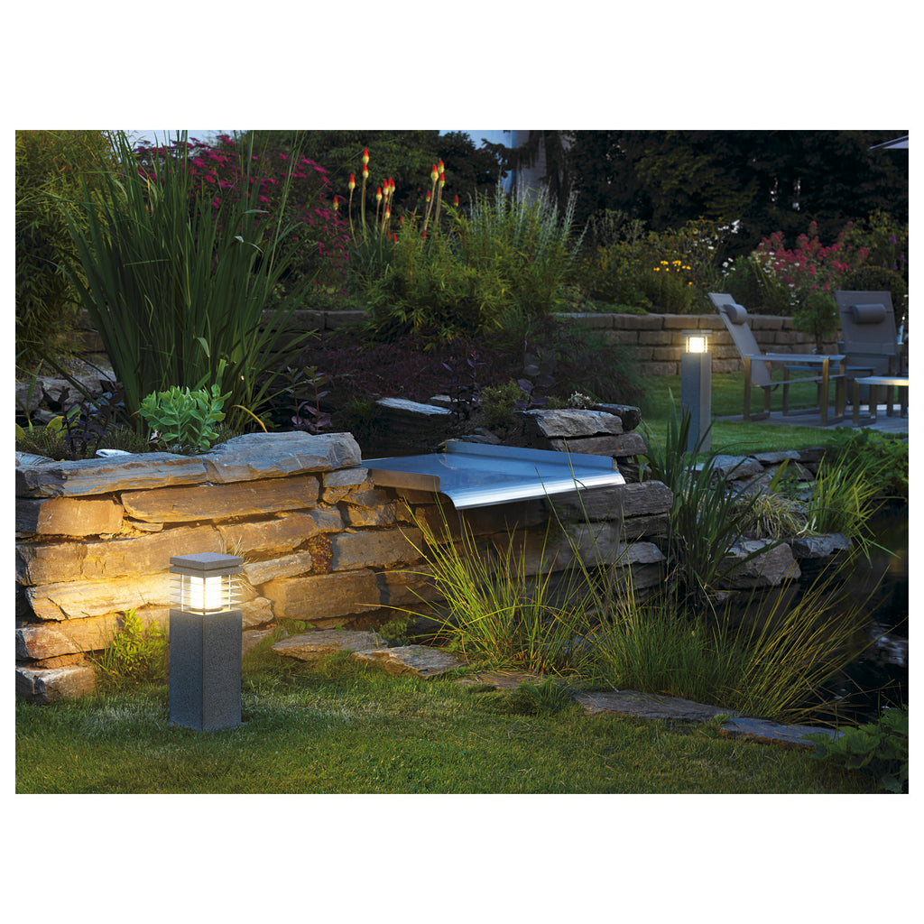 ARROCK GRANITE, luminária de apoio para exteriores, TC-(D,H,T,Q)SE, IP44, angular, salt & pepper, granito, C/L/A 12/12/40 cm, máx. 15 W